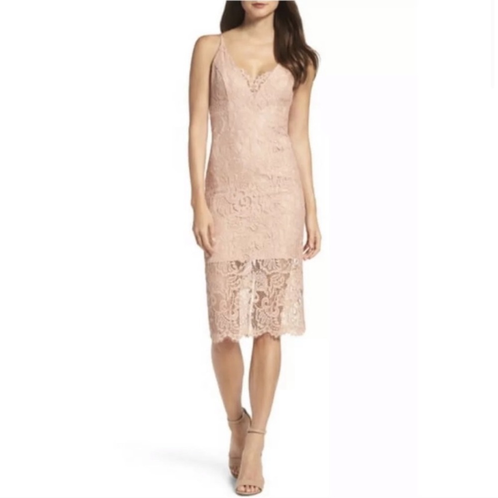 Bardot Gia Midi Blush Pink Lace Pencil Dress